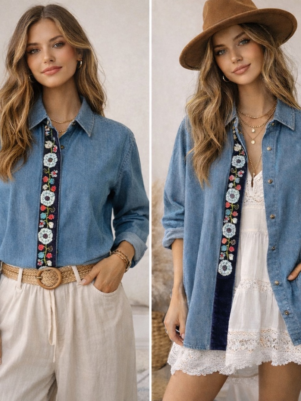 Cambridge Dry Goods Blue Denim Shirt with Floral Embroidery